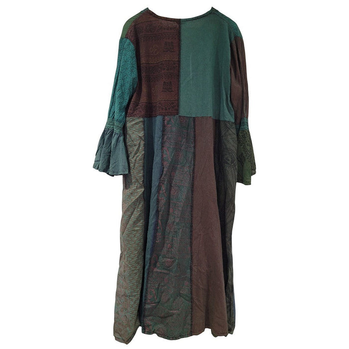 The Window, Milford Haven patchwork cotton midi dress with long sleeves, lace details, and earthy green and brown tones.
