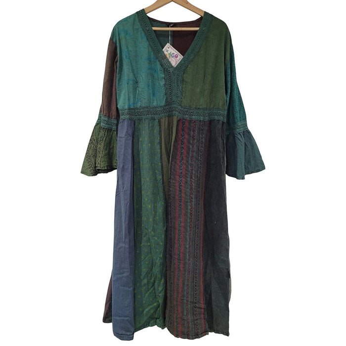 The Window, Milford Haven GRINGO patchwork cotton midi dress in green and brown tones with lace trim and long sleeves.