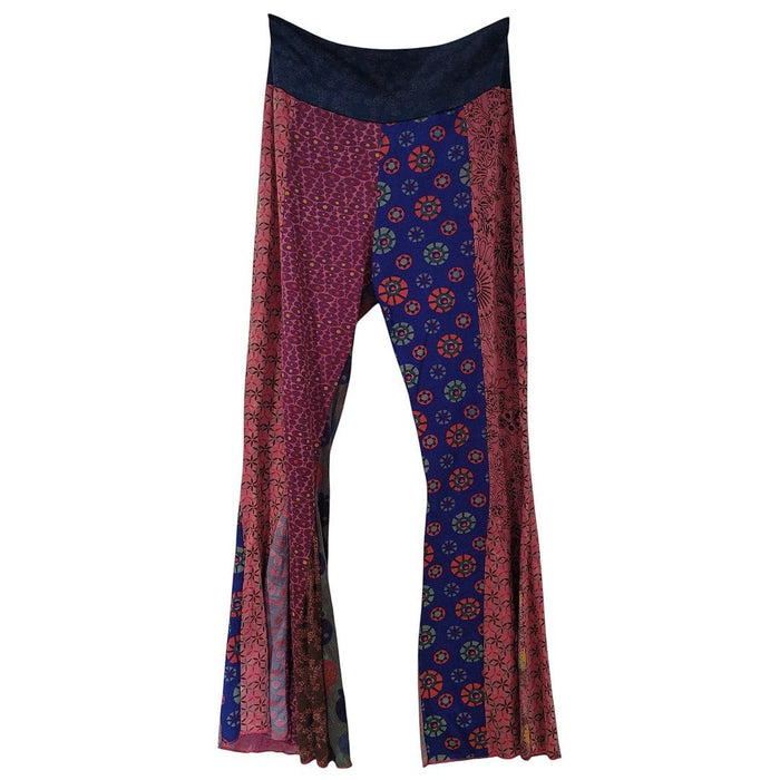 The Window, Milford Haven GRINGO FAIRTRADE patchwork flared trousers in pink and blue cotton with fold-over waistband.