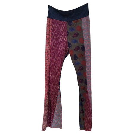 The Window, Milford Haven patchwork flared trousers in pink and blue cotton with a comfortable fold-over waistband.