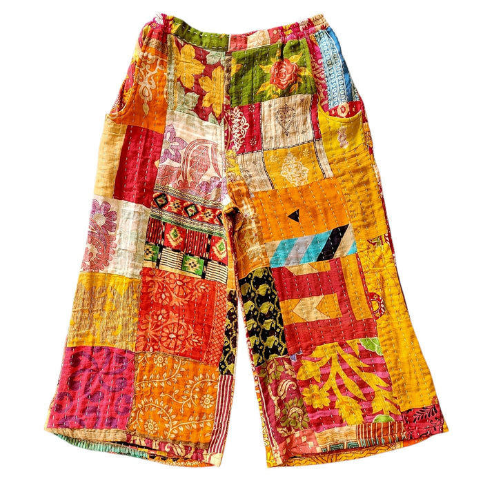 The Window, Milford Haven 3/4 length wide leg trousers in multicoloured patchwork cotton with Kantha quilting.