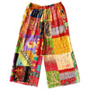 The Window, Milford Haven wide leg Kantha trousers in multicoloured patchwork cotton with a pink elasticated waistband