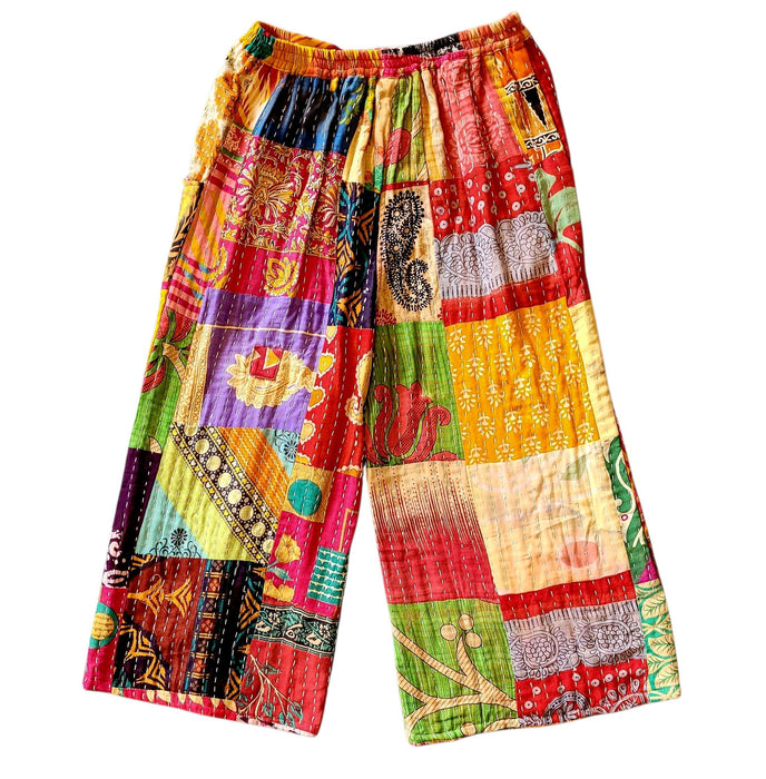 The Window, Milford Haven wide leg Kantha trousers in multicoloured patchwork cotton with a pink elasticated waistband