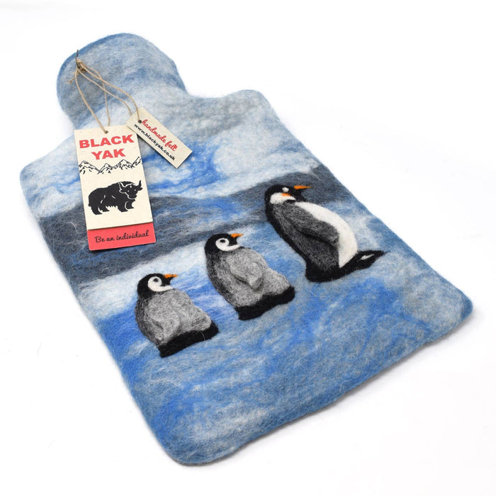 The Window, Milford Haven penguin design blue wool felt hot water bottle cover with Fashy bottle inside
