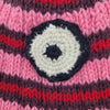 The Window, Milford Haven pink and red striped wool beanie with a circular minion eye detail and fleece lining.