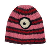 The Window, Milford Haven pink and dark red striped wool beanie with a white and black minion eye design