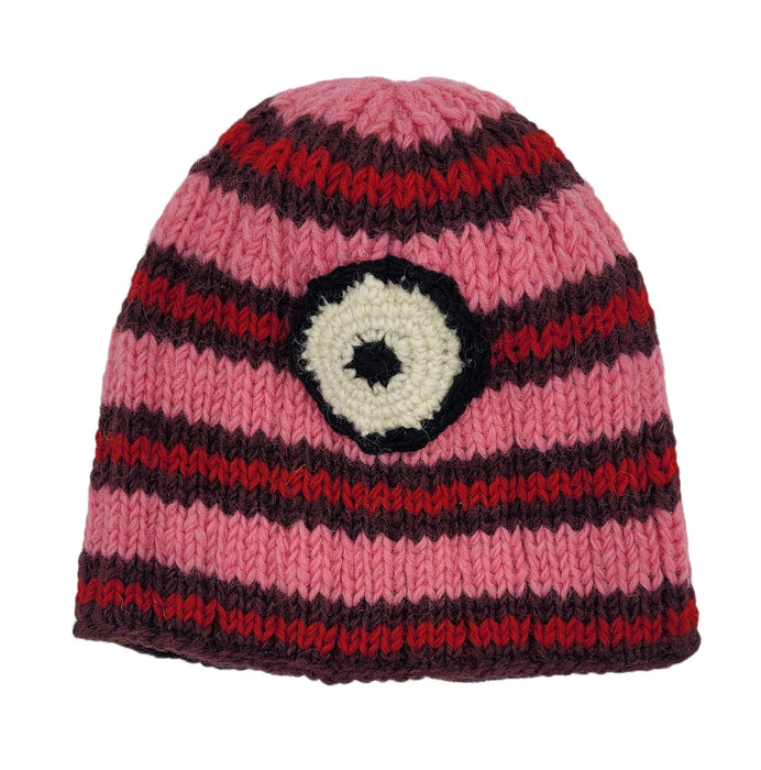 The Window, Milford Haven pink and dark red striped wool beanie with a white and black minion eye design