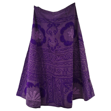 The Window, Milford Haven purple A-line cotton skirt with intricate floral embroidery and back zip closure.
