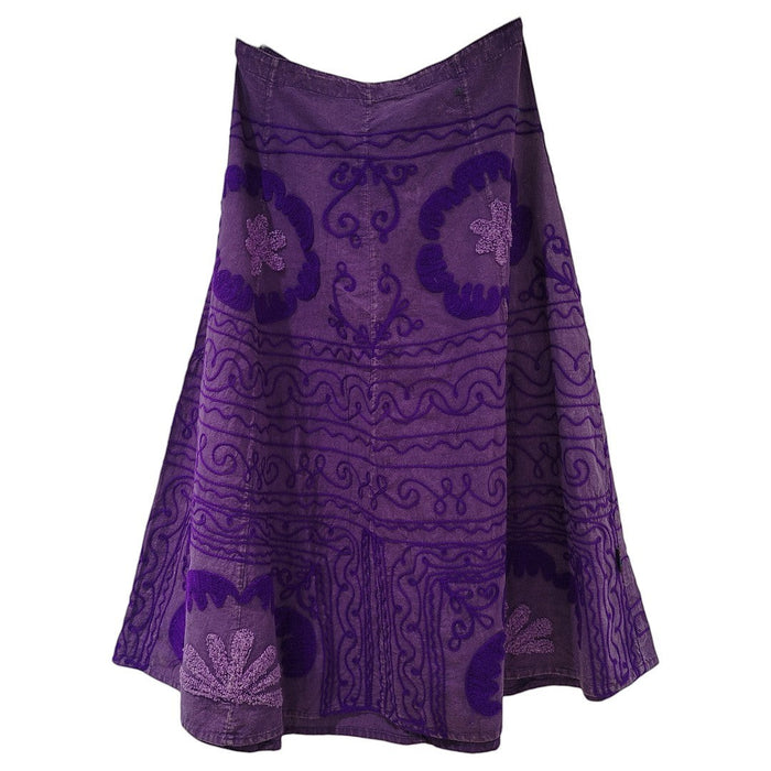 The Window, Milford Haven purple A-line cotton skirt with intricate floral embroidery and back zip closure.