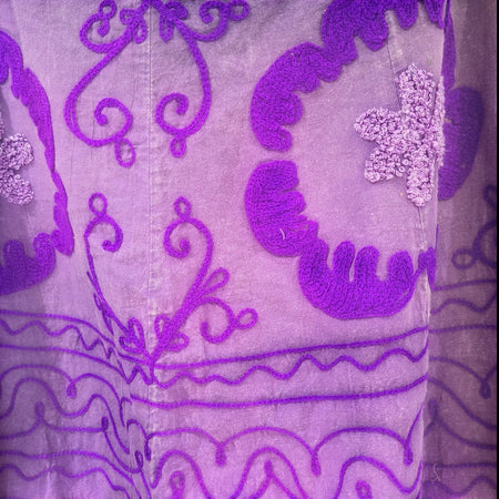The Window, Milford Haven purple cotton A-line skirt featuring intricate tonal embroidery and textured floral patterns.