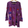 The Window, Milford Haven purple cotton tunic dress with colourful toadstool and leaf embroidery and long sleeves.