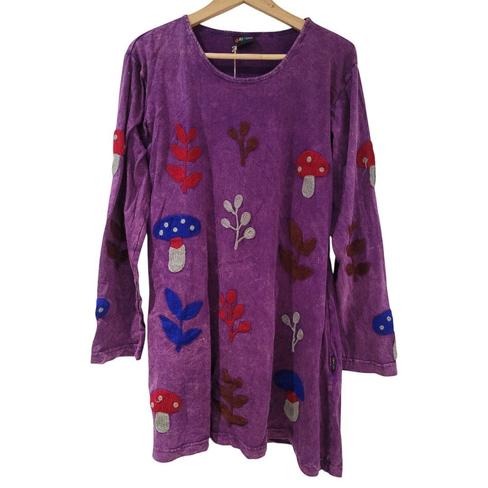 The Window, Milford Haven purple cotton tunic dress with colourful toadstool and leaf embroidery and long sleeves.