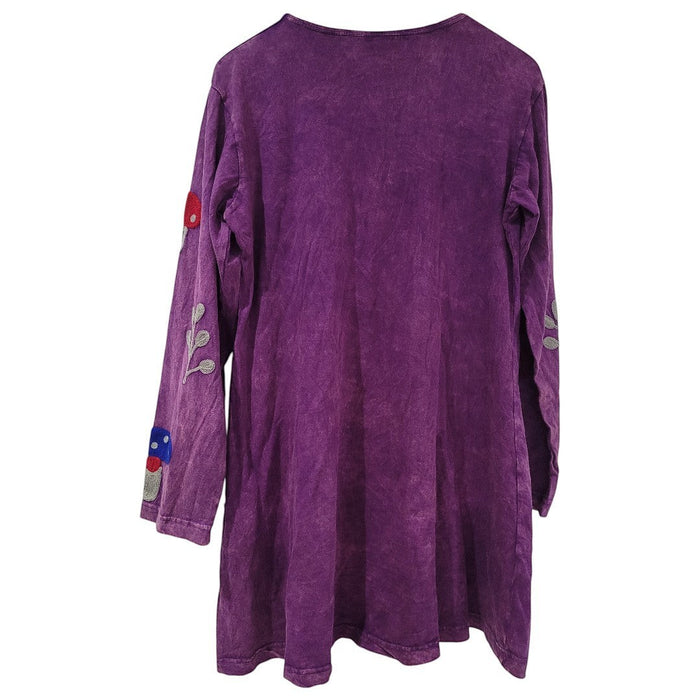 The Window, Milford Haven purple cotton tunic dress with toadstool embroidery on sleeves and a flared fit.