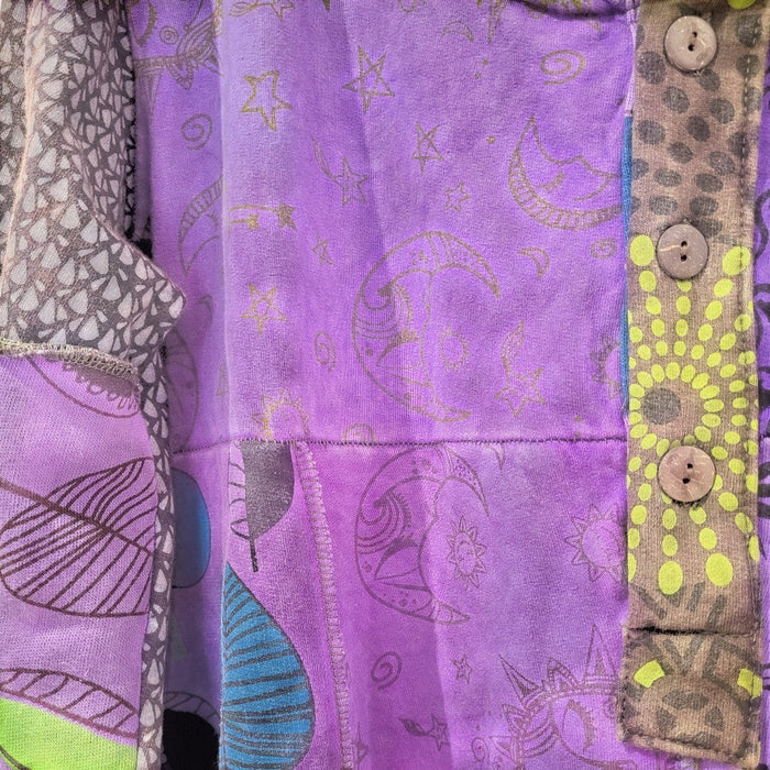 The Window, Milford Haven purple patchwork tunic dress with celestial moon and star prints and button detail.