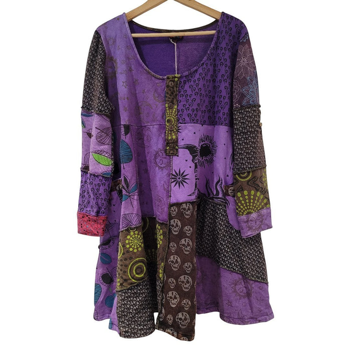 The Window, Milford Haven purple patchwork tunic dress with skull prints, long sleeves, and buttoned neckline.