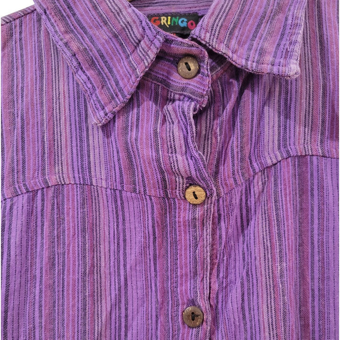The Window, Milford Haven purple striped cotton shirt dress with wooden buttons and a classic collar.