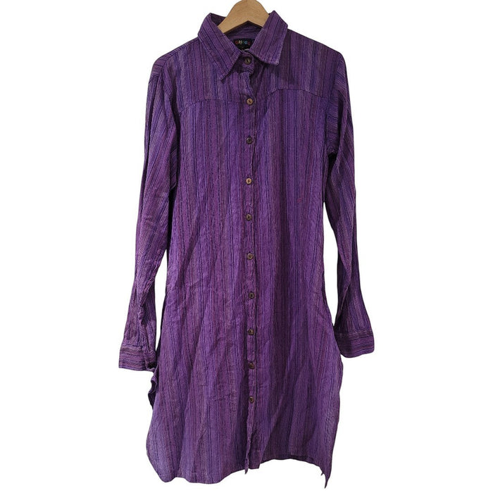 The Window, Milford Haven purple striped cotton long-sleeved shirt dress with button-down front and side slits.