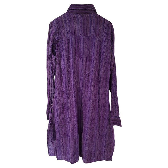 The Window, Milford Haven purple striped cotton long-sleeved shirt dress with side slits, back view