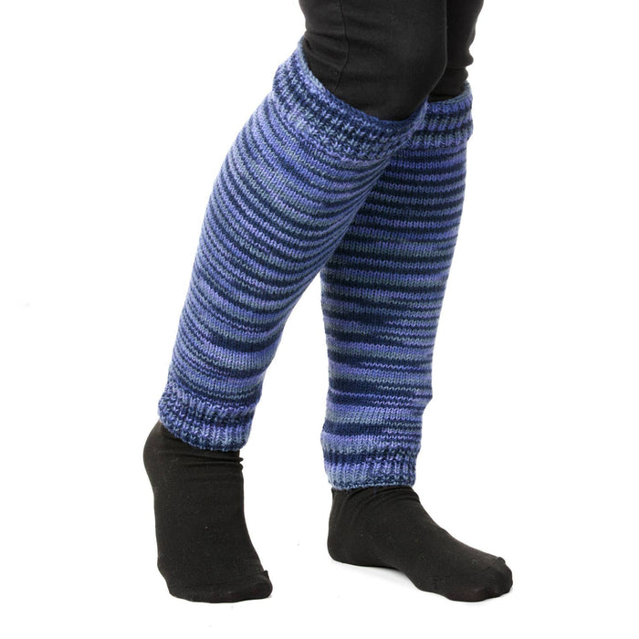 The Window, Milford Haven electric purple striped pure wool leg-warmers with fleece-lined cuffs worn on legs.