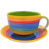 The Window, Milford Haven giant ceramic breakfast cup and saucer with hand-painted bright rainbow stripes.
