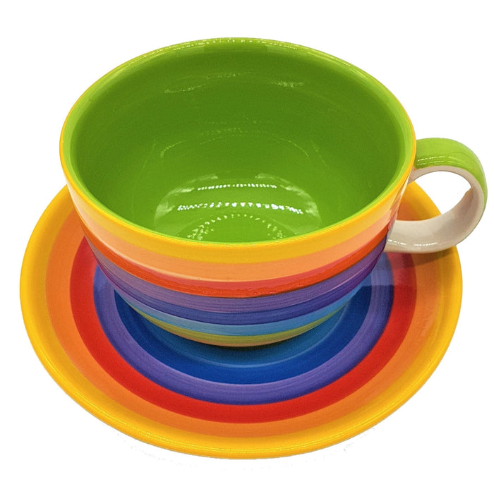 The Window, Milford Haven giant ceramic breakfast cup and saucer with bright hand-painted rainbow stripes