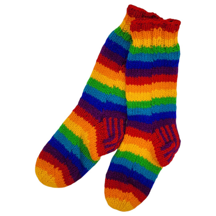 The Window, Milford Haven hand-knitted rainbow striped wool lounge socks with soft fleece lining
