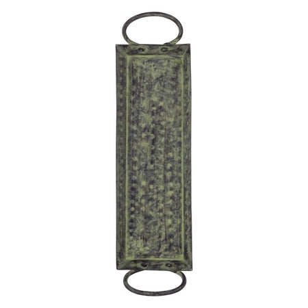 The Window, Milford Haven medium rectangular iron tray with a distressed green finish and two circular handles.
