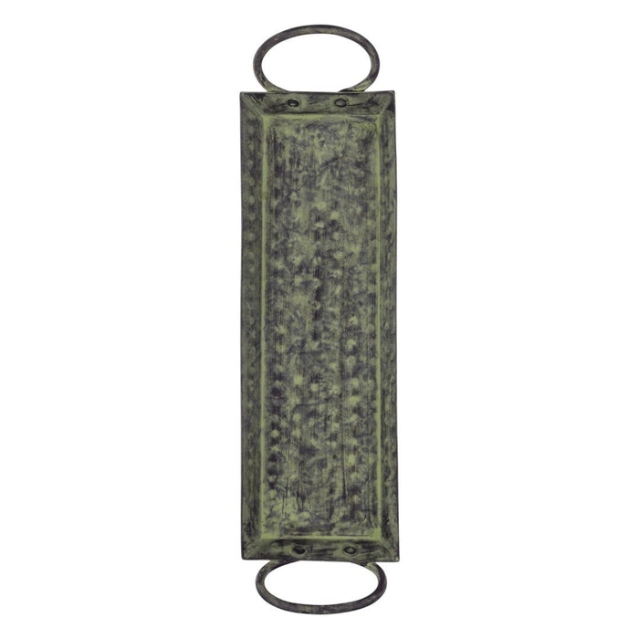 The Window, Milford Haven medium rectangular iron tray with a distressed green finish and two circular handles.