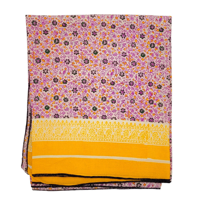 The Window, Milford Haven recycled sari scarf in pink and yellow with a floral pattern and decorative border.