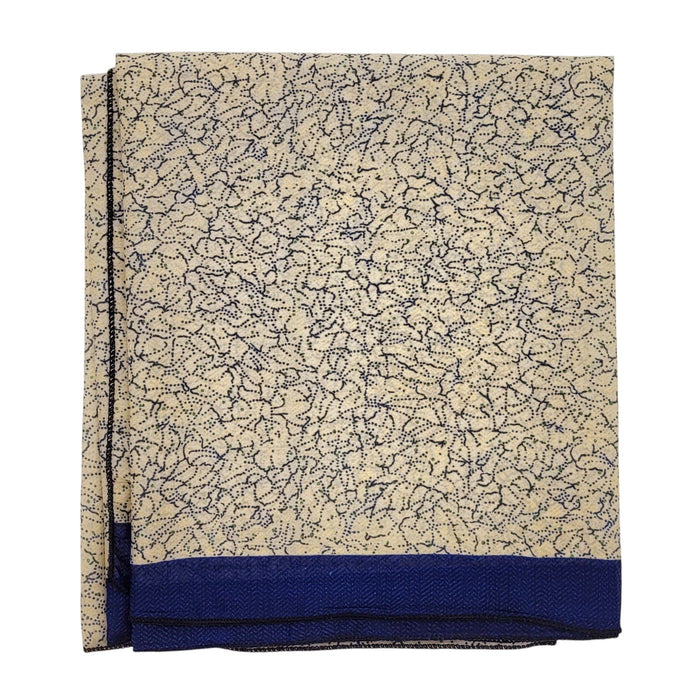 The Window, Milford Haven recycled sari scarf in cream with a navy blue abstract pattern and solid blue border.