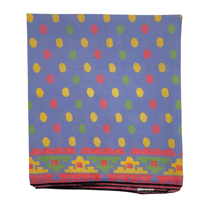 The Window, Milford Haven recycled sari scarf in blue with colourful polka dots and a patterned geometric border.