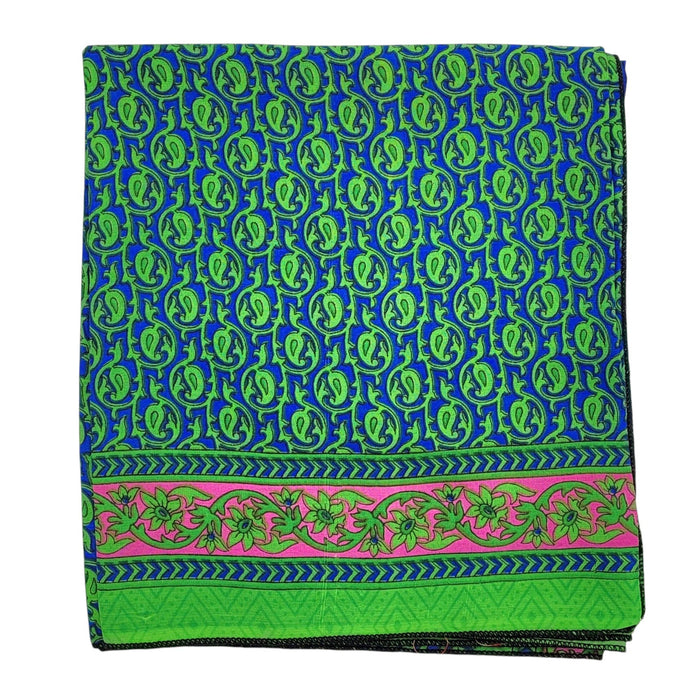 The Window, Milford Haven recycled sari scarf in vibrant blue and green with a floral paisley border pattern.