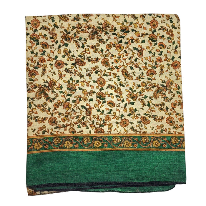 The Window, Milford Haven recycled sari scarf featuring a cream base with orange floral print and a green border.