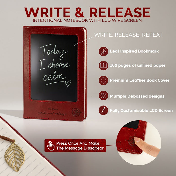 The Window, Milford Haven red leather-effect A5 notebook featuring a front LCD wipe screen and brass leaf bookmark.