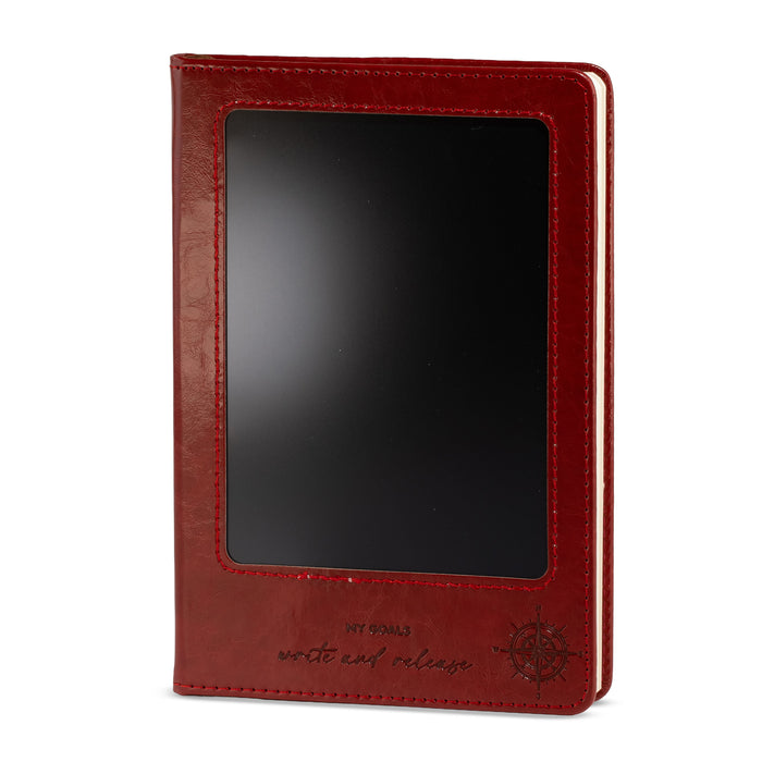 The Window, Milford Haven red leather-effect A5 notebook with a front LCD wipe screen and embossed compass design.