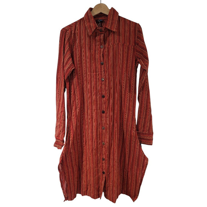 The Window, Milford Haven red and orange striped cotton long-sleeved shirt dress with side slits and button front.