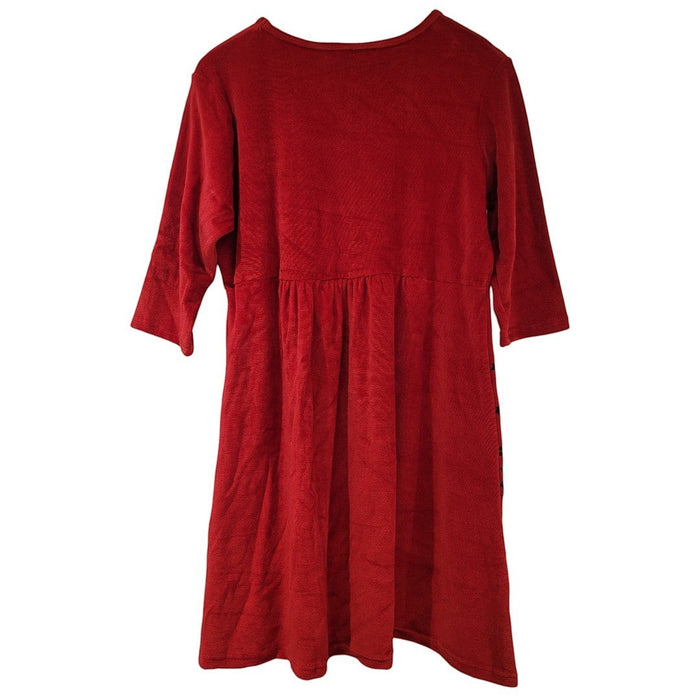 The Window, Milford Haven red velour tunic dress with three-quarter sleeves and a gathered waistline