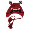The Window, Milford Haven red wool monster hat with fleece lining, ear flaps, and braided tassels for adults.