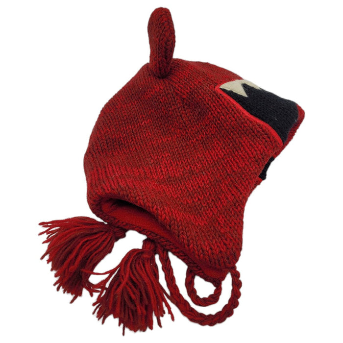 The Window, Milford Haven handmade red wool monster hat with fleece lining, ear-flaps, and playful character details.