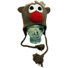 The Window, Milford Haven handmade wool reindeer hat with fleece lining, ear flaps, and braided tassels for adults.