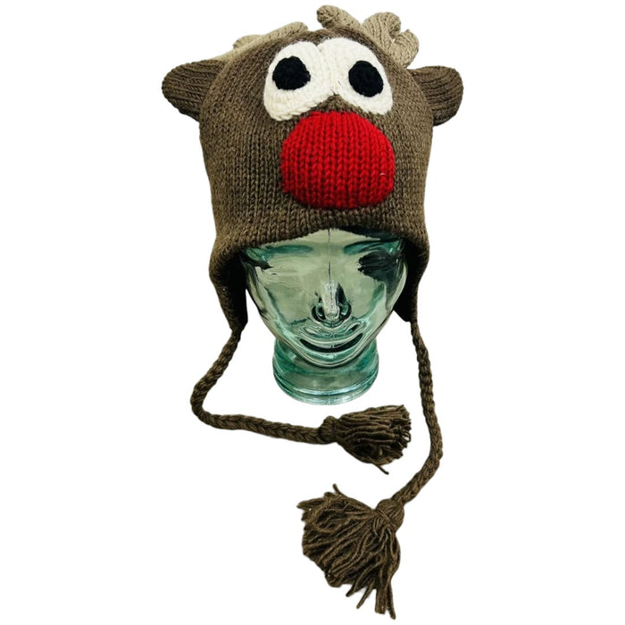 The Window, Milford Haven handmade wool reindeer hat with fleece lining, ear flaps, and braided tassels for adults.
