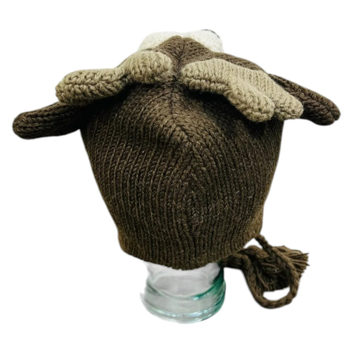 The Window, Milford Haven handmade wool reindeer hat with ear flaps and fleece lining, back view.