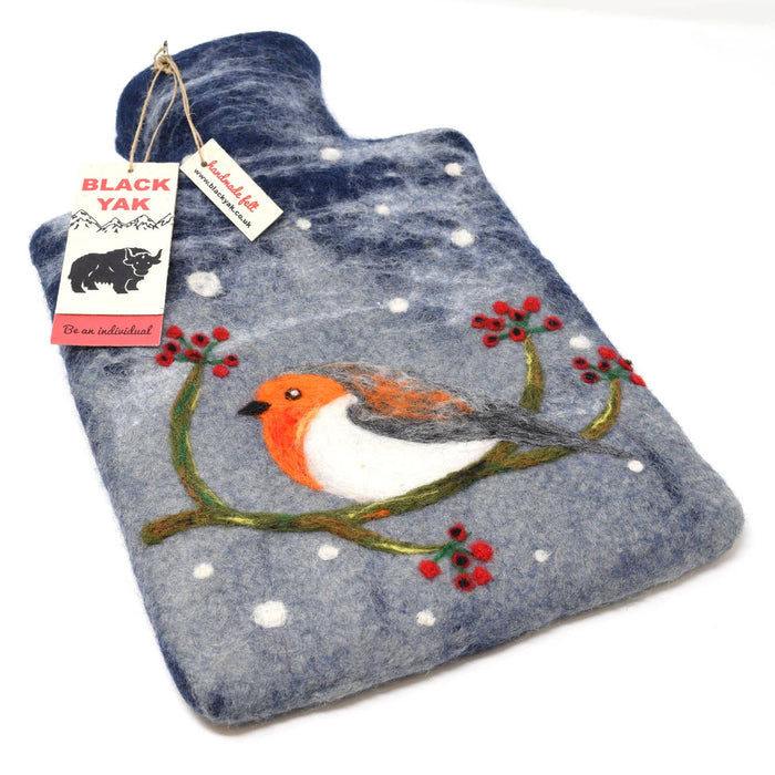 The Window, Milford Haven Black Yak wool felt hot water bottle featuring a hand-stitched robin design on blue felt.