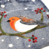 The Window, Milford Haven Black Yak wool felt hot water bottle cover featuring a hand-stitched robin on a snowy branch