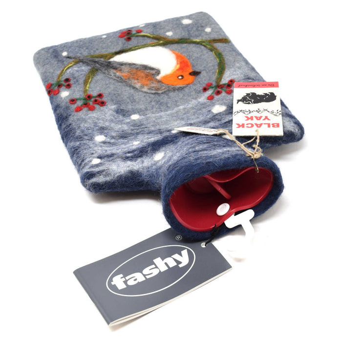 The Window, Milford Haven Black Yak wool felt hot water bottle featuring a hand-stitched robin design on grey felt.