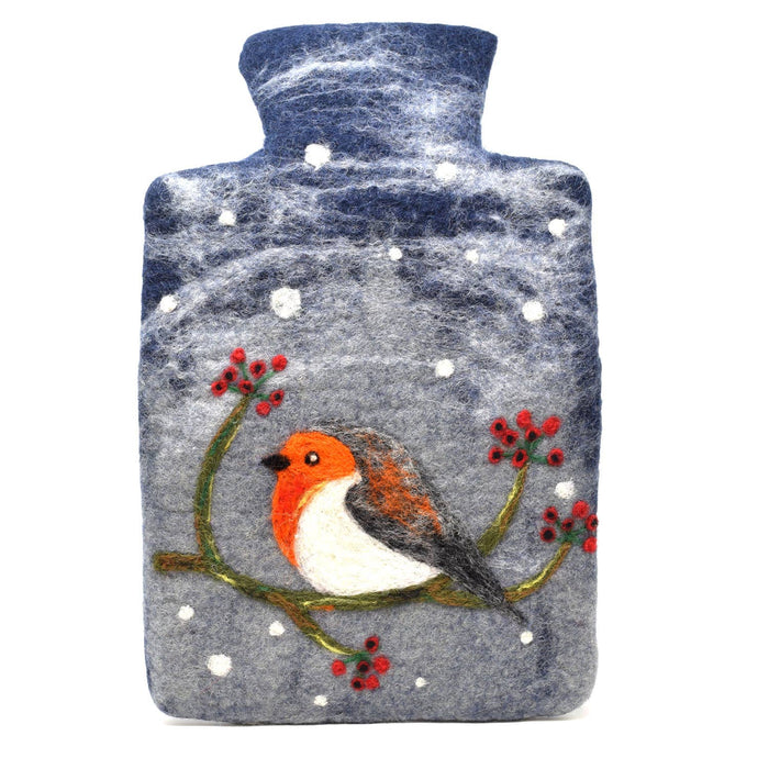 The Window, Milford Haven Black Yak wool felt hot water bottle featuring a hand-stitched robin on a berry branch.