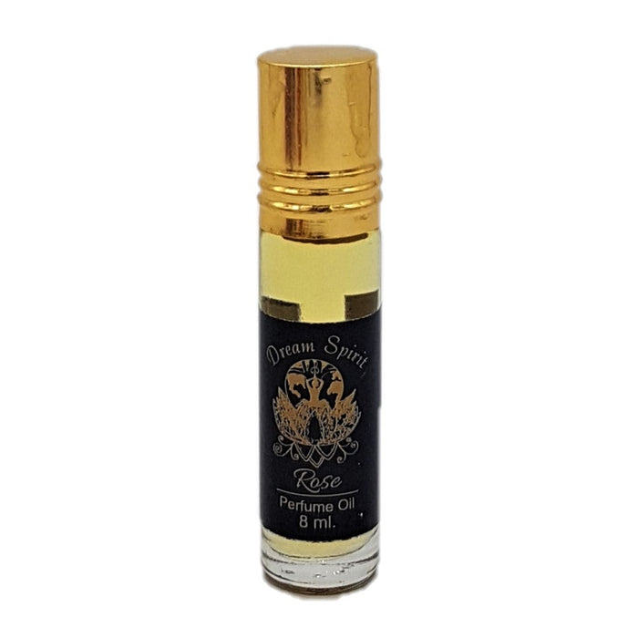 The Window, Milford Haven Dream Spirit Rose roll-on perfume oil in an 8ml glass bottle with a gold cap.