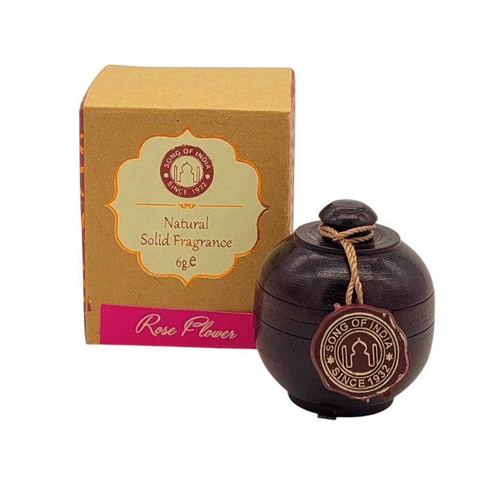 The Window, Milford Haven natural rose solid perfume in a hand-carved rosewood jar with its eco-friendly gift box.