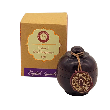 The Window, Milford Haven English Lavender solid perfume in a hand-carved rosewood jar with eco-friendly box.