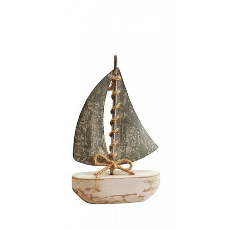 The Window, Milford Haven small rustic boat ornament with a weathered metal sail and white wooden hull on a white background